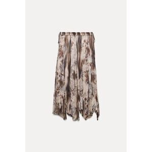 Zara Women Midi Skirt L Brown Animal Print Patchwork Chiffon Flowy 8486/043 NWT